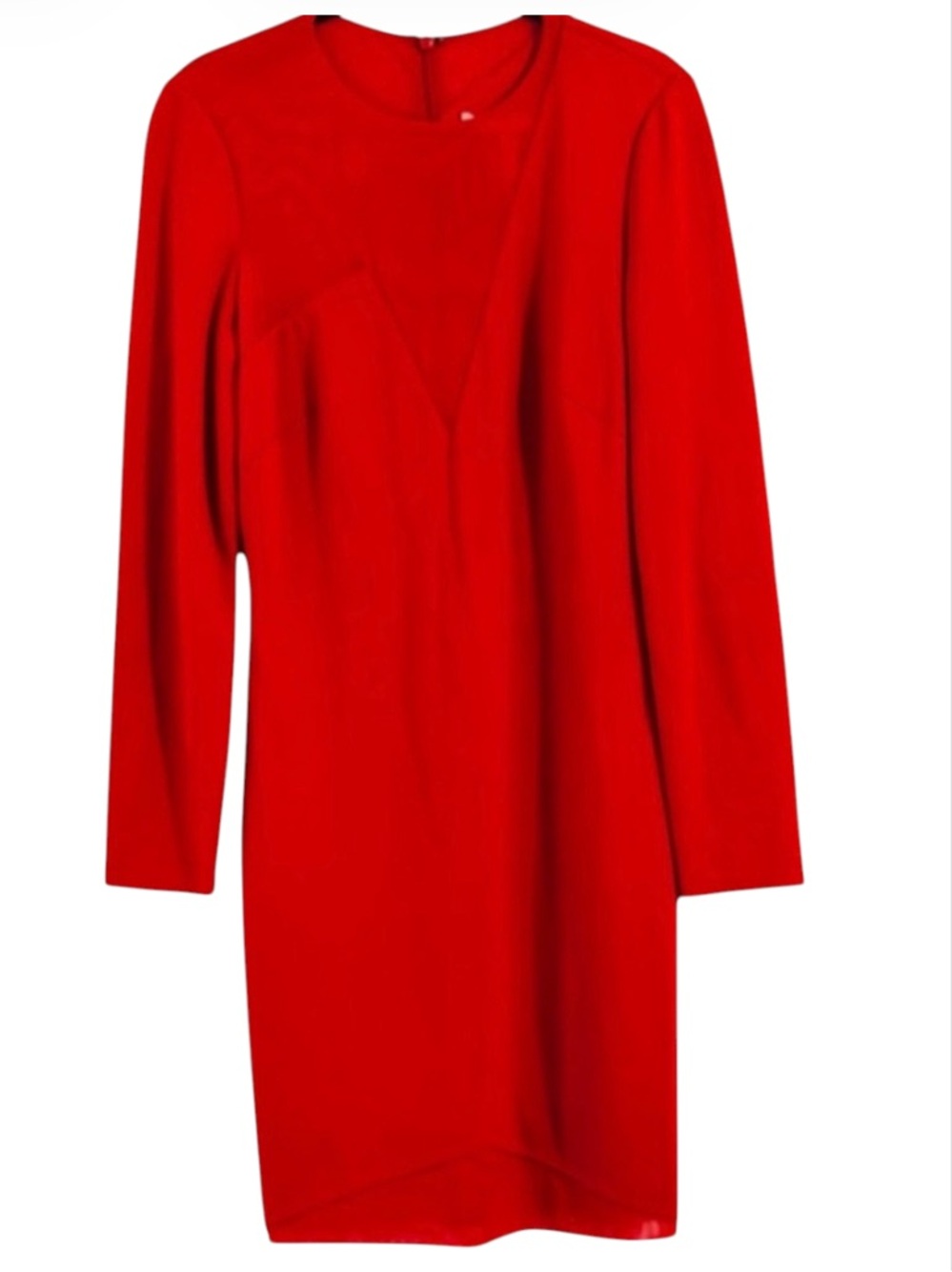 Halston Heritage Red Long Sleeve Mini Dress Sheer Mesh V Illusion Size 8